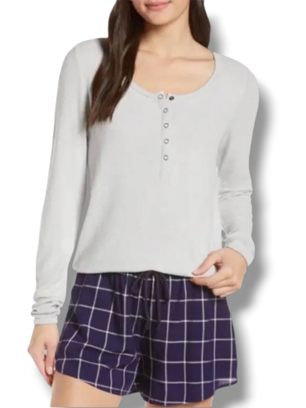 Make + Model Women’s Pajama Night Top Brushed Hacci Henley Light Grey Longsleeve